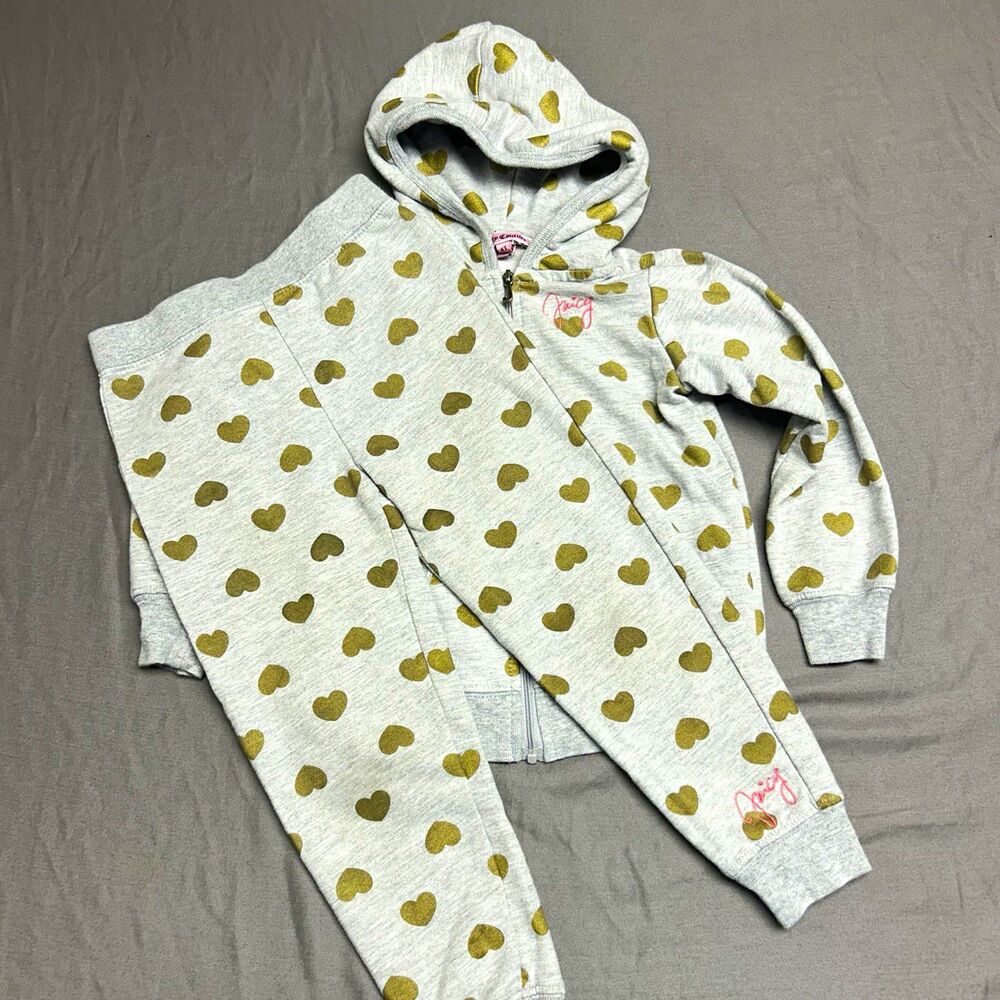 Juicy Couture Girls 4T 2pc Hoodie & Pants Set Gray Gold Hearts Zip Hooded